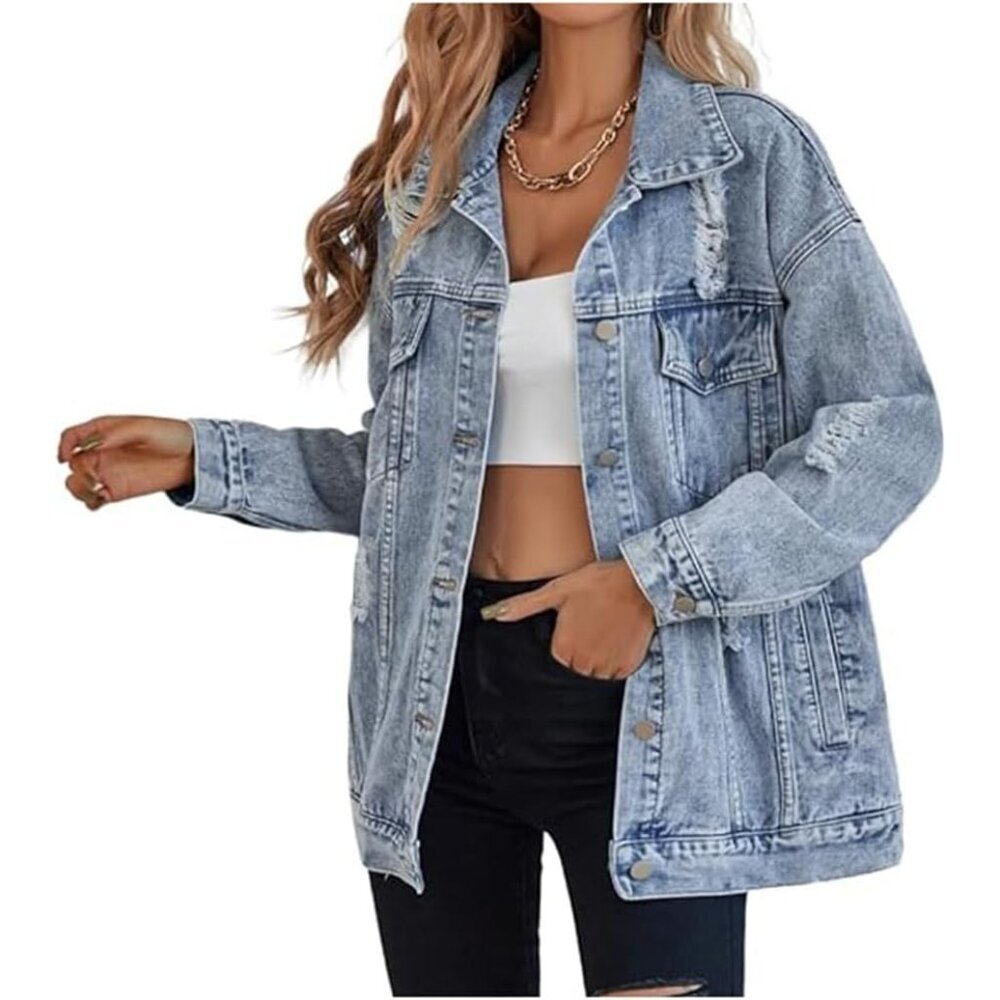 Women's Long Oversized Denim Jacket Boyfriend Ripped Distressed Jean Jackets Coa